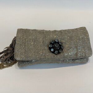 Lanvin Gold Crystal-Embellished Wide-Gauge Metallic Jacquard Tassel Clutch